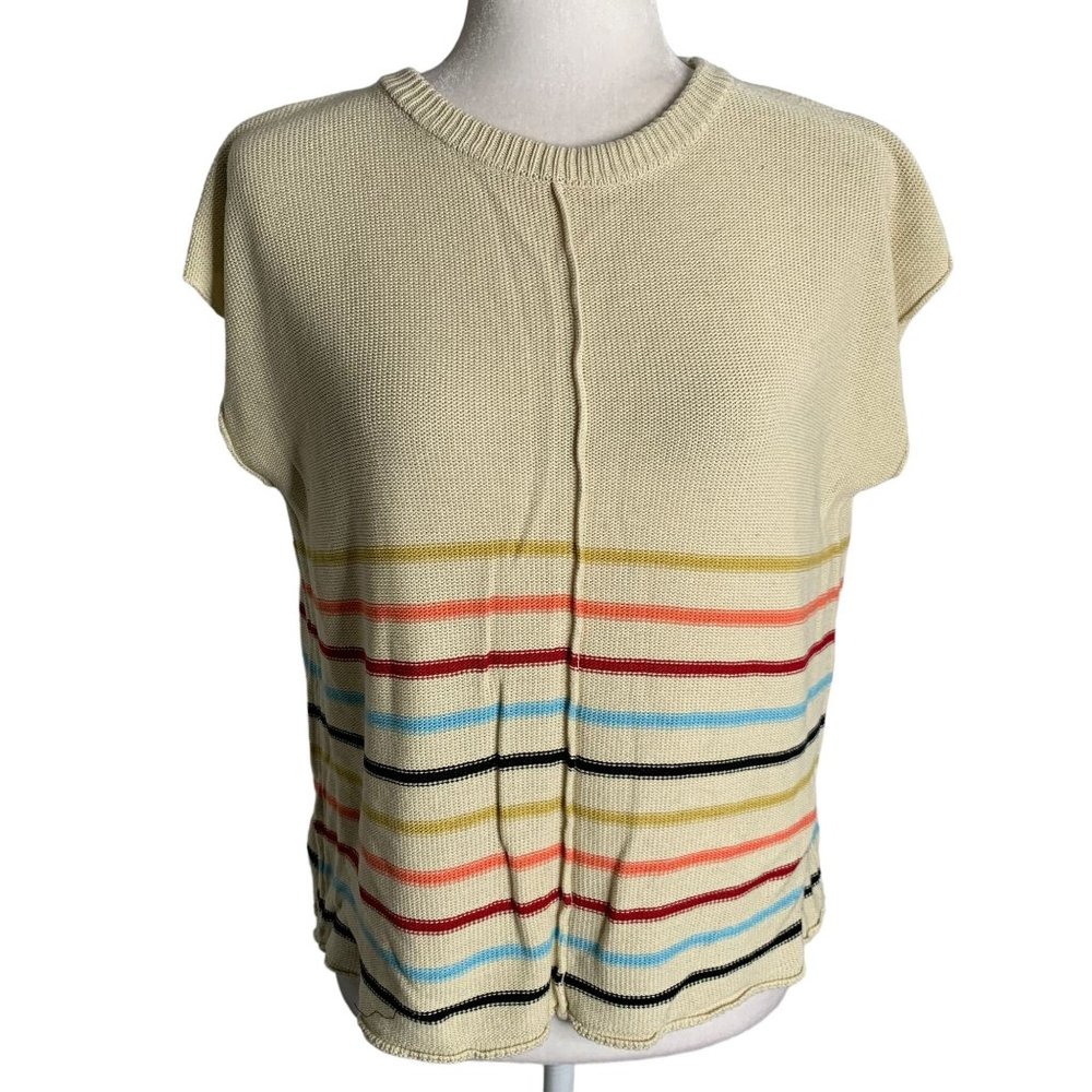 Knit Sleeveless Sweater Vest M Beige Rainbow Stripe Round Neck Pullover